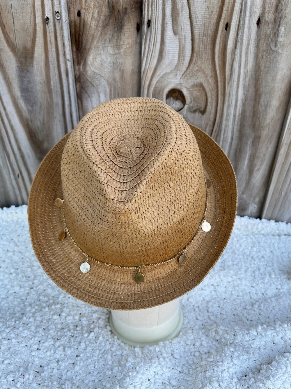 Natural Brown Straw Fedora with Gold Disc Chain
